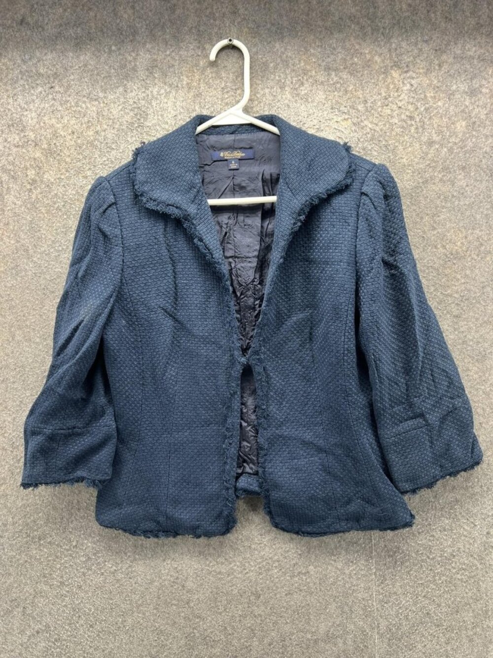 Brooks Brothers Blazer Womens 6 Blue Tweed Fringe Open Front Lined 3/4 Sleeve